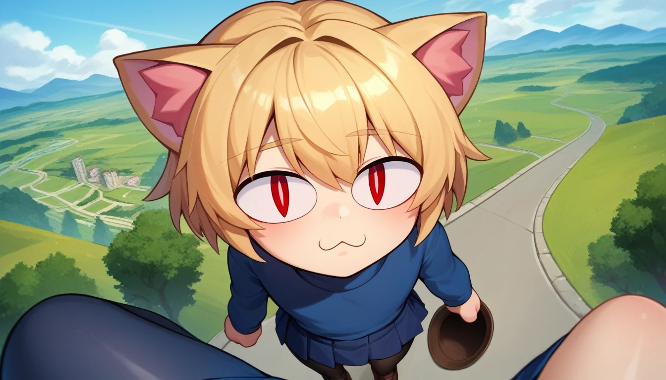 score_9, score_8_up, score_7_up, score_6_up, score_5_up, score_4_up, BREAK, 1boy, solo, necoarc, lit pupils, cat ears, blonde hair, red eyes, :3, turtleneck, blue skirt, pleated skirt, pantyhose, brown footwear, femboy, highlight thighs, landscape, pov, thick thighs, in a city