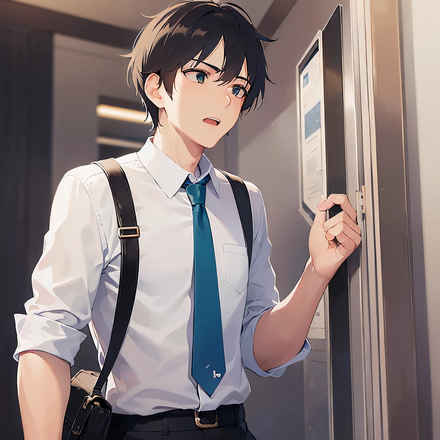 (looking away:1.5)、masterpiece、Highest quality、(25-year-old male:1.5) and (Brown short hair) and (Green Eyes), (Wearing a white shirt:1.3) and (Blue tie)、
surprised、The background is the office lobby.、(Alone:1.5),open mouth