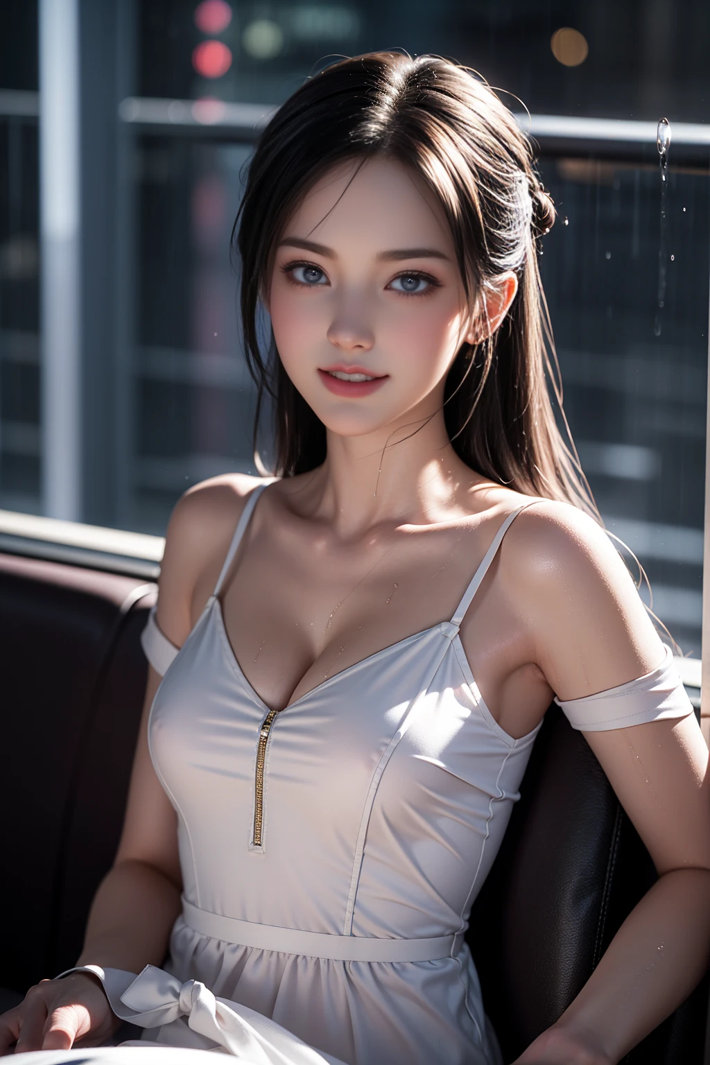 (RAW shooting, Photorealistic:1.5, 8K, Highest画質, masterpiece, Ultra-high resolution), Perfect dynamic composition:1.2, Night Street Corner, Looking up at the sky:1.3, (((Heavy rain from a typhoon))), Highly detailed skin and face textures:1.2, 雨にWetスリムな女子高生:1.3, Sexy beauty, Perfect Style:1.2, Aesthetic and beautiful, Fair skin, Very beautiful face, (Rain dripping all over my body:1. 2, Wet髪:1.4, Wet:1.2), Water droplets on the skin, (Medium chest, Chest gap), (Shy laugh, The expression when feeling intense caressing, Facial expression when feeling pleasure), (Beautiful blue eyes, Beautiful erotic eyes:0.8), (Too erotic:0.9, Alluring:0.9), Cowgirl shot, Student Bag, Perfect body, Perfect fingertips（Girl sitting on train seat)、Best quality work，Actual work，Ultra Premium Graphics，8K HD CG works，High quality graphics，High-definition CG works，10x pixels，Extremely fine detail：1.1，Advanced Technical Details：1.1 Photorealistic，Indoor lighting effects：1.5，Natural light：1.5. Light effects（virtual Light effects：1.8）,（Golden white short hai(RAW shooting, Photorealistic:1.5, 8K, Highest