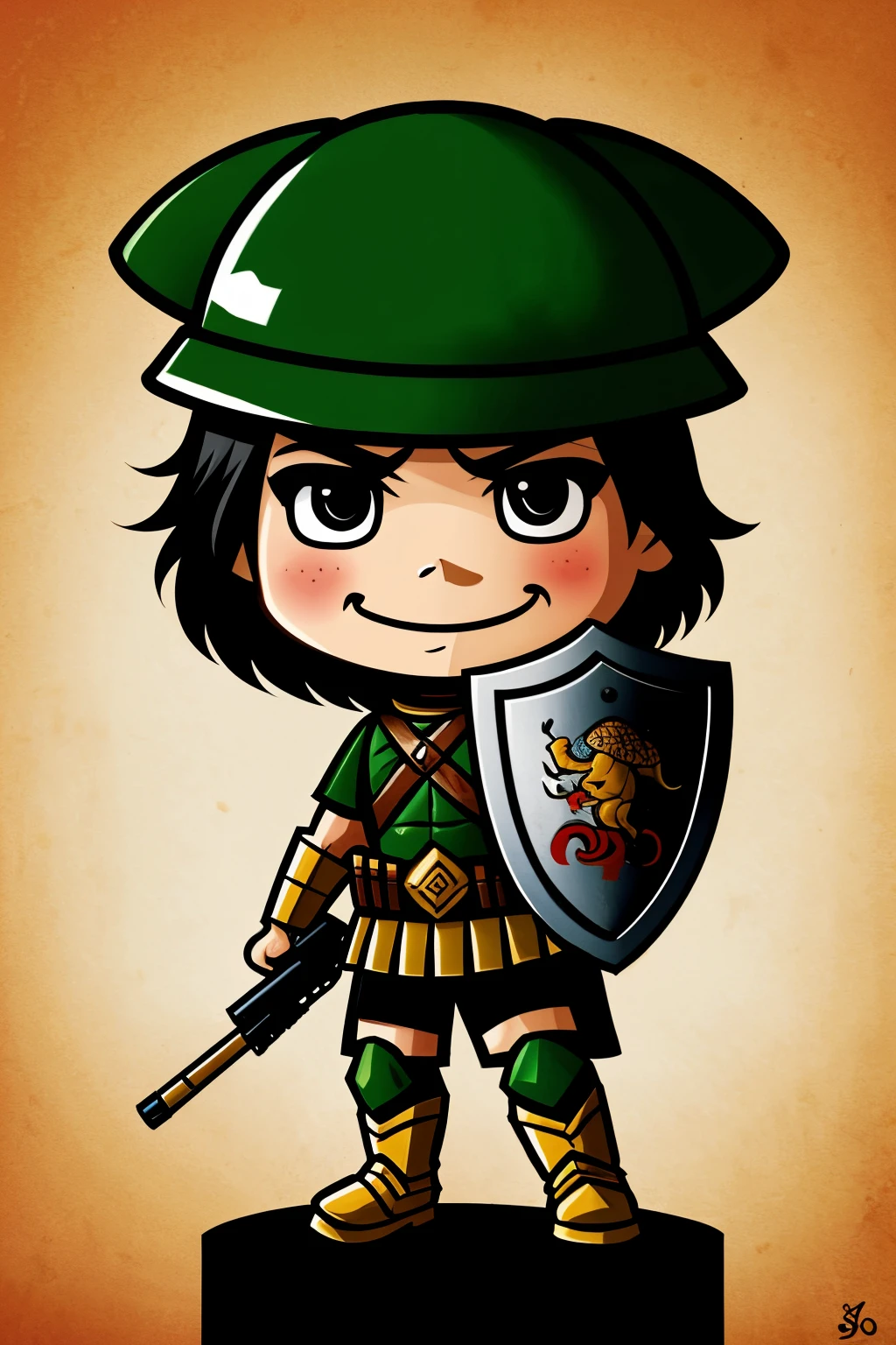 chibi turtle warrior holding a shield and machine gun while smoking a blunt