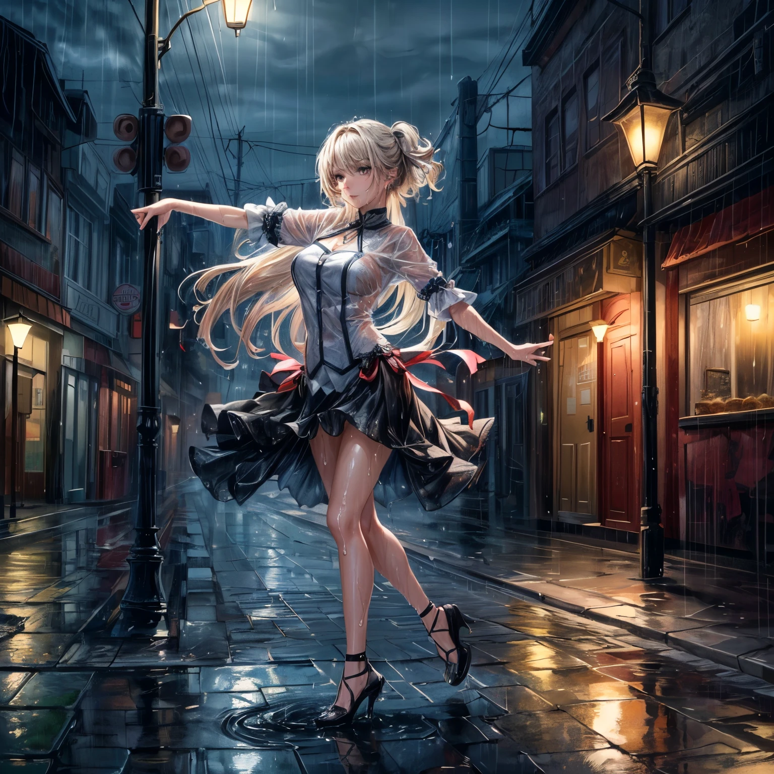 Fantasy,dream-like,An illustration,Photorealistic,Actual photo,colorful,
((Late night street,in the rain,A beautiful woman dancing wet under a street lamp:1.5))
in the rain,A late-night public road with no one else around,Quiet Street,
No umbrella,Beautiful woman walking on the road,
Standing under the streetlight, I start dancing, not sure what I&#39;m thinking,
２Use the lane on the public road,A beautiful woman dancing alone,
Only the streetlights illuminate the beautiful women and watch them dance,
mysterious,Looking at me with those powerful eyes,
The only light is the street lamp,She looks good,Beautiful and eye-catching,
Detailed Description,
((Perfect face and body,Detailed face,Perfect Anatomy,Beautiful Face,
masterpiece,Highest quality,8K,High resolution,Raw photo)),
Award-winning,Browsing Caution,
Warm tones,Vigorously,A gentle and sweet space,
Cinematic lighting,Spotlight on her,
Eye Level Shot,Horizontal Position,
Medium Long Shot,
Physically Based Rendering,
Thin contours,