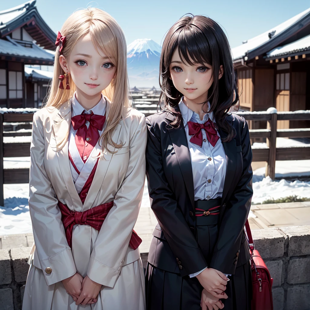 ((8K, RAW Photos, Highest quality, masterpiece)),((Showing the kimono from the obi up:1.5)), High-resolution RAW color photos、
Professional close-up photography, (Realistic, フォトrealism: 1.37),
(Highest quality), (Best Shadow), (Best illustrations),
High-quality images、Skin Radiance、Texture of skin and clothing、
Expression of fine eyes、Shiny Hair,Long Hair Girl, Manga inspired by Lee Jong-suk,
Trending on deviantart, realism, detailed manga style, Manga art style,
Perfect Line Drawing, Beautiful line art, digital manga art girl, K-POPアイドル,
Beautiful brown eyes, Fuller lips, Gorgeous face with attention to detail,
(Cute Smile), attractive, Innocent, (Perfectly detailed face),
(Detailed and carefully drawn hand) Photorealistic images, Written boundary depth,
(Japanese style princess cut hairstyle:1.5),
best quality, masterpiece, New Year,
Three Japanese high-school cute girls, ((looking straight:1.7)),
(Japanese-high-school-blazer-uniform:1.5),
((Reddish bow tie, with a school bag:1.5))
((white short scarf:1.2)), ((white feather shawl:1.2)),
((gently smiling:1.7)),
((upper arms hidden by clothes and hair:1.5)),
(innocent and pure high-school-girls:1.7)
(separately side by side:1.5),
shrine background, (mount Fuji:1.3), ((snow))
winter(season), (outdoors:1.5)