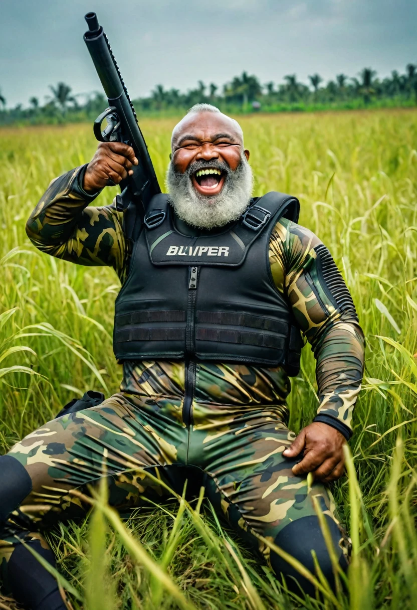 (a dark-skinned muscular fat bearded old man in a bulky camouflage zipper diver suit), laying down in a field holding a gun, muscular, toned muscles, Basuki Abdullah, sumatraism, action, a character portrait, heroic, fierce, laughing