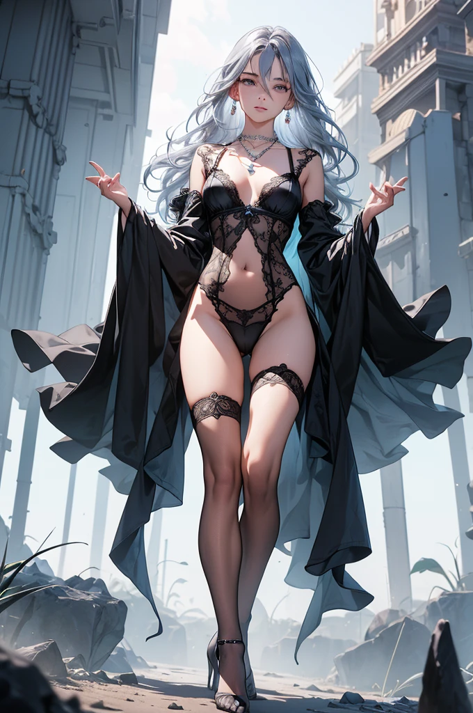 ((Biologically correct limb count)),((Natural finger shape)),((Full Body Shot,Including face)),Standing position,4K,masterpiece,((Focus on the face)),((Symmetrical facial features)),Eye for detailed depiction,Beautiful woman,Excellent style,Beautiful feet,(Small Ass,Thin thighs),(Patterned black stockings,High heels),Facial detailing,Small earrings,necklace,Low angle photo,((Lace lingerie)),(((A facial expression of pleasure))),(((Outdoor))),(Face the camera),Photograph the side of the body,Blue and silver hair
