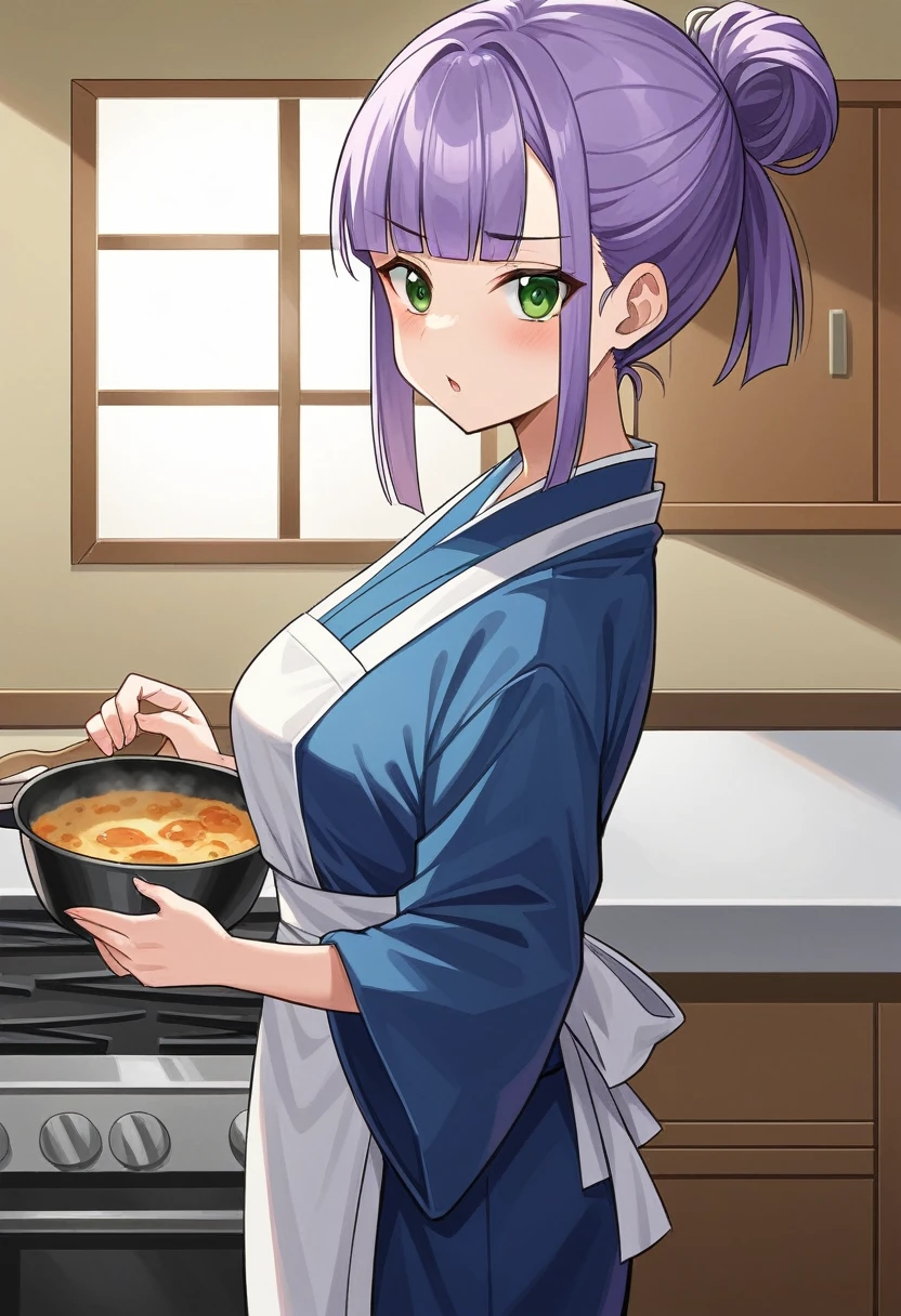 masterpiece, ultra detailed, 8K, a girl, kawaii, light atmosphere, (Cute a tsundere girl:1.5), anime visual, (tilt head:1.3), extremely delicate face, realistic lighting and shading, (an extremely delicate and beautiful art:1.3), a girl,blush,
from side, cowboy shot, pale purple hair, blunt bangs hair, green eyes, In the kitchen of a Taisho-style Western-style house, a woman is wearing a navy blue japanese kimono, a cooking apron, her hair tied back, look at viewer, a girl is making beef stew in a big pot.