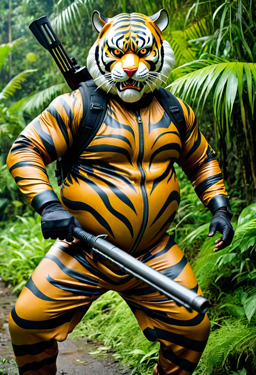 (a dark-skinned fat old man in a bulky camouflage zipper diver suit) (wearing realistic roaring siberian tiger mask that show the wearer eyes) carrying sniper rifle onn his back, patrolling, holding large machete, muscular, toned muscles, imposing strature, Basuki Abdullah, sumatraism, action, a character portrait, heroic, fierce, snarling, jungle