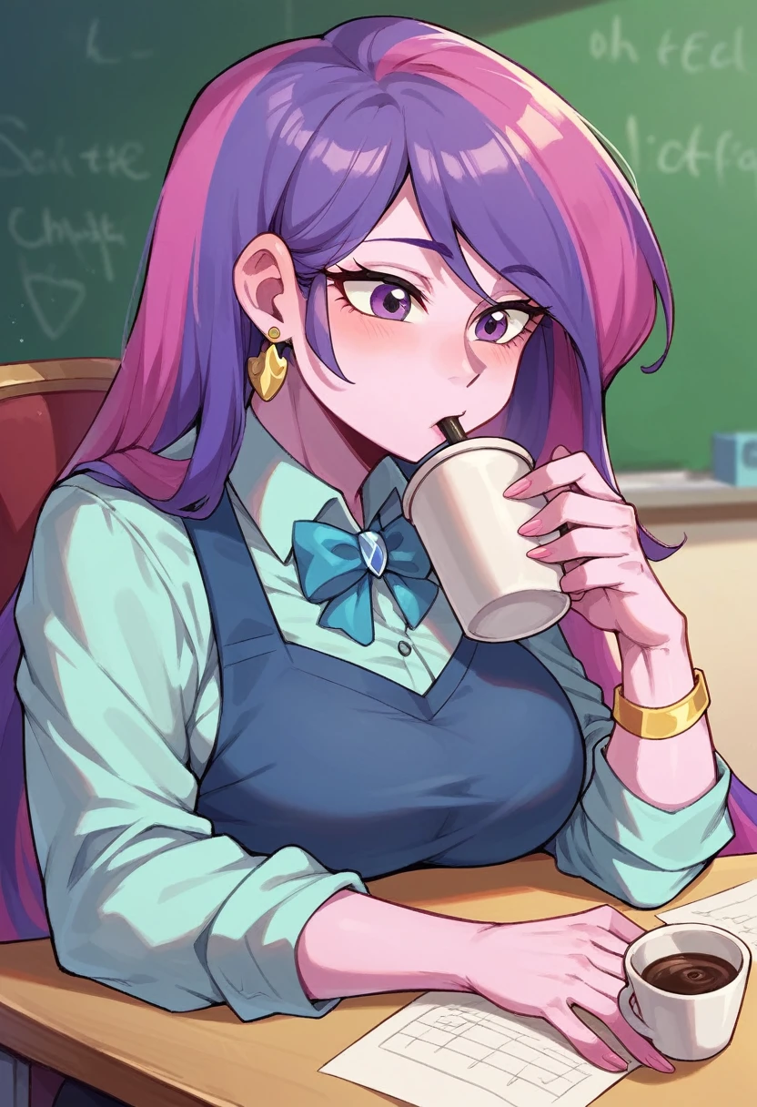 my little pony equestria girls princess cadence , in teacher clothes , HUGE titties , Marking work , with shining armor drinking coffee