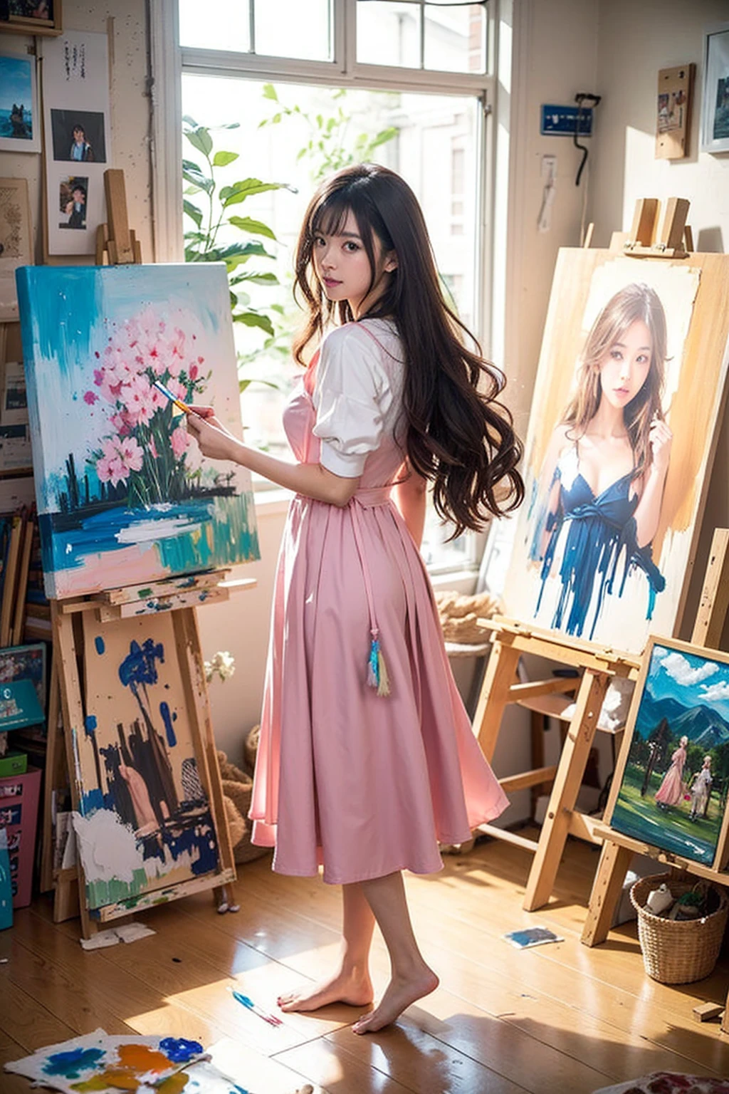 Beautiful Japanese Waifu, early 30s, brunette hair, pink dress, painting in a paint workshop , naked feet