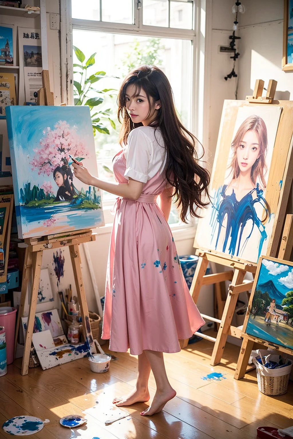 Beautiful Japanese Waifu, early 30s, brunette hair, pink dress, painting in a paint workshop , naked feet