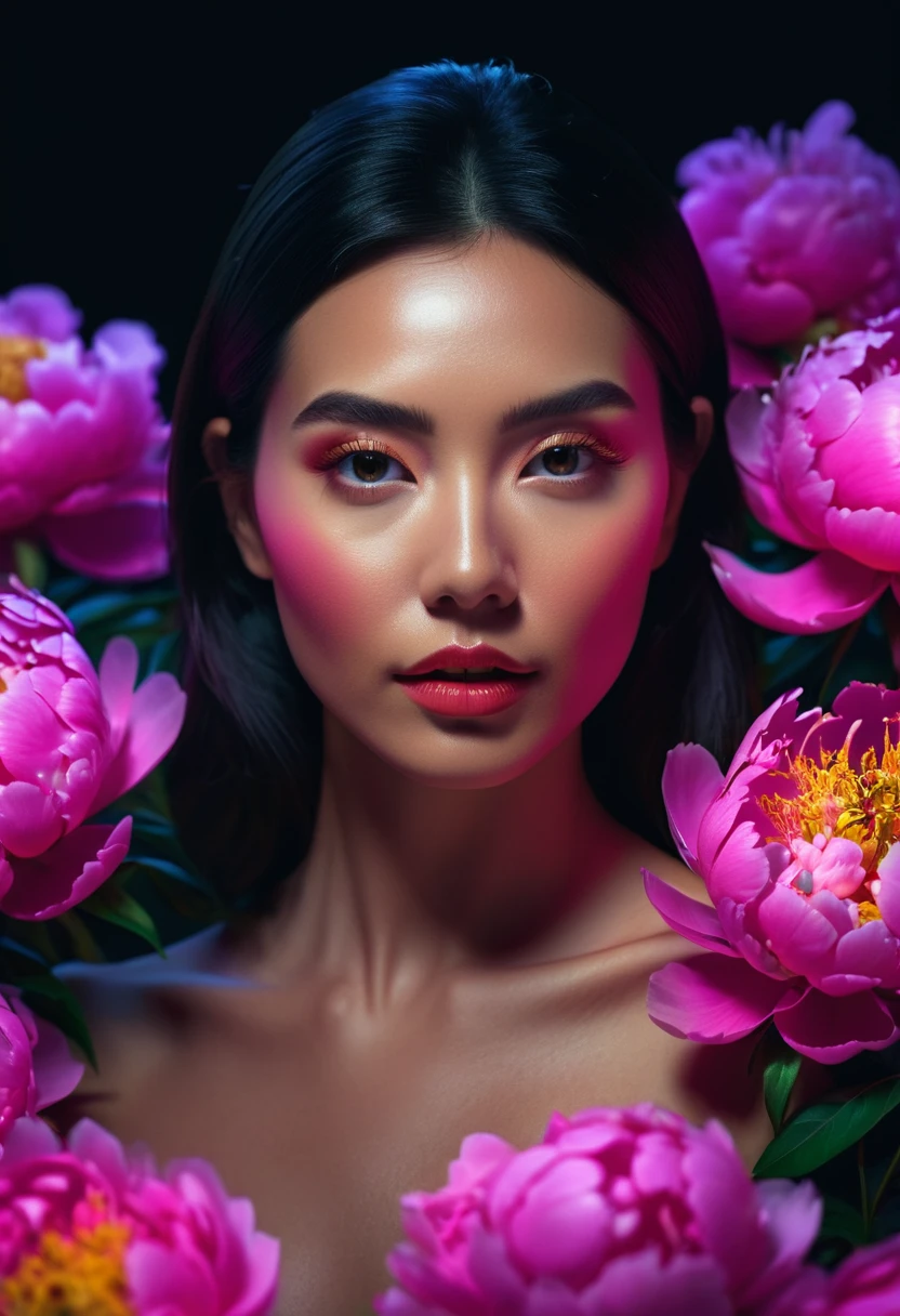 a woman with glowing neon peonies ultra detail, perfect symmetry, 4k flawless skin, photo captured by an Arriflex 35BL camera using Canon K25 prime lenses, cinematic, dramatic lighting, ultra clear, breathtaking surreal masterpiece. sensual pose