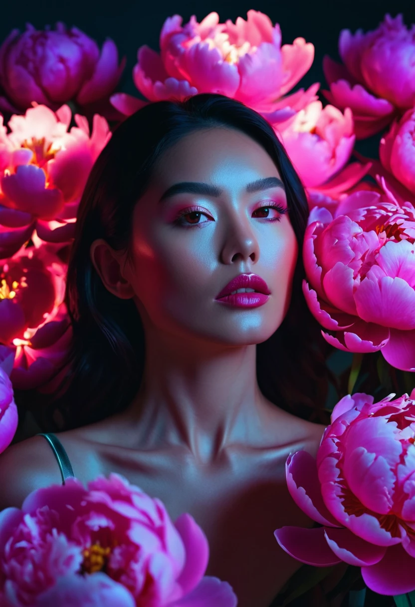a woman with glowing neon peonies ultra detail, perfect symmetry, 4k flawless skin, photo captured by an Arriflex 35BL camera using Canon K25 prime lenses, cinematic, dramatic lighting, ultra clear, breathtaking surreal masterpiece. sensual pose