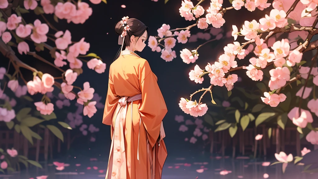 A woman stands behind a peach blossom tree., Hanfu costume, Shadow turned his back., overflowing flowers, ((background:1.8))
