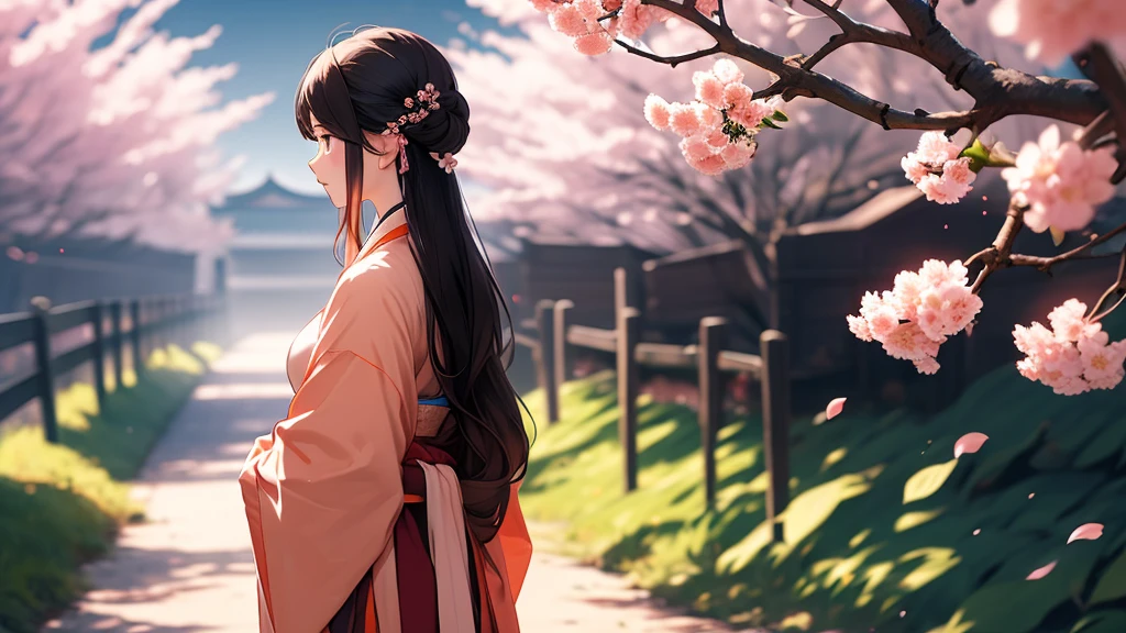 A woman stands behind a peach blossom tree., Hanfu costume, Shadow turned his back., overflowing flowers, ((background:1.8))
