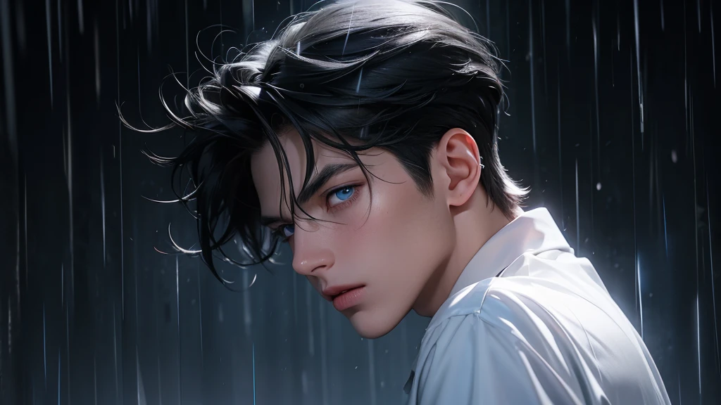 Mature Boy being rained, black hair, blue eyes, hair between eyes, side bangs, from back, white pale skin