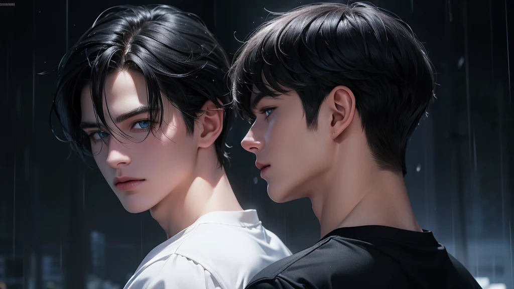 Mature Boy being rained, black hair, blue eyes, hair between eyes, side bangs, from back, white pale skin