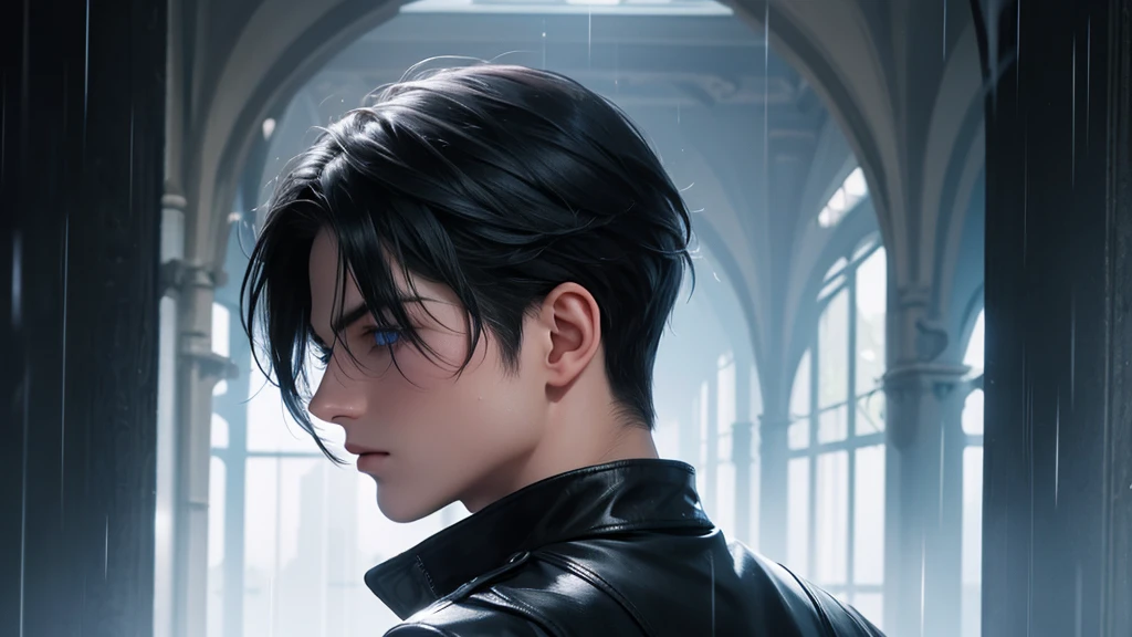 Mature Boy being rained, black hair, blue eyes, hair between eyes, side bangs, from back, white pale skin