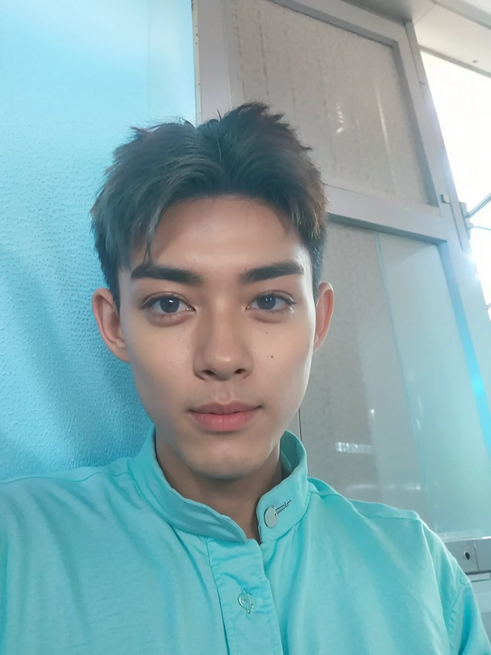 best qualtiy， Ultra-high resolution， （realisticlying：1.4）， tmasterpiece， Kodak portra 400， blur backgroun ， Uniforms， （Face focus：1.3），1boys ，white skinned， earphone， posing on a， looking at viewert ， sface focus