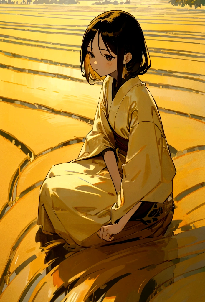 A woman sits with a straight face. Behind is a rice field. The color tone is bright gold.