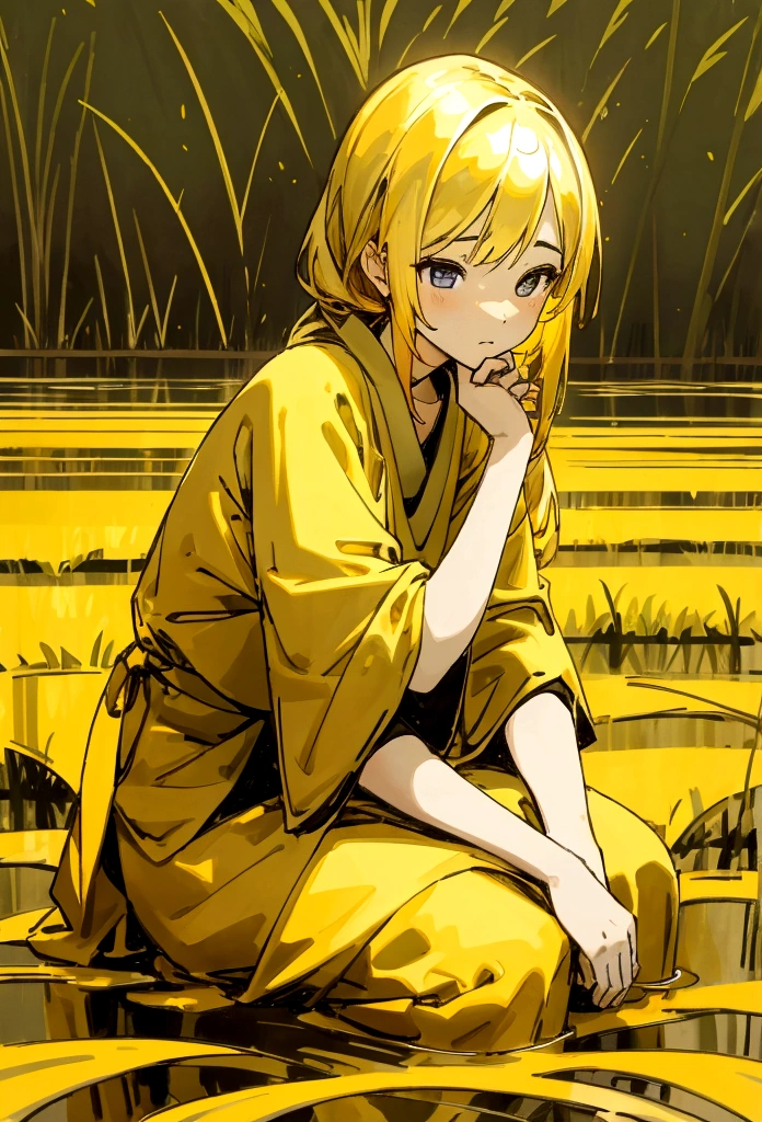 A woman sits with a straight face. Behind is a rice field. The color tone is bright gold.