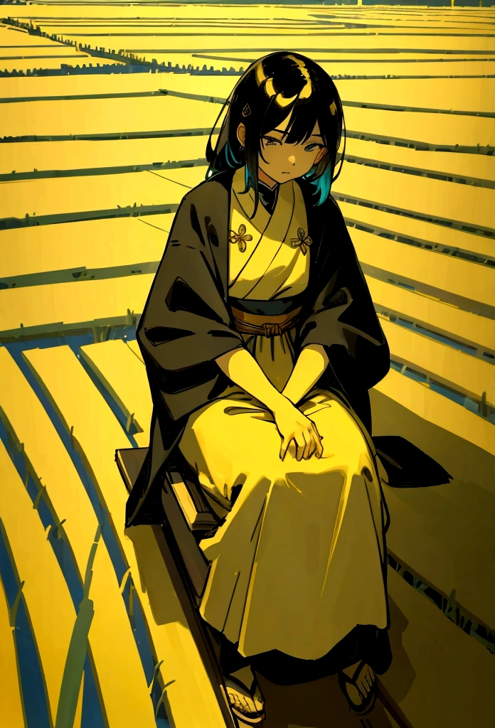 A woman sits with a straight face. Behind is a rice field. The color tone is bright gold.