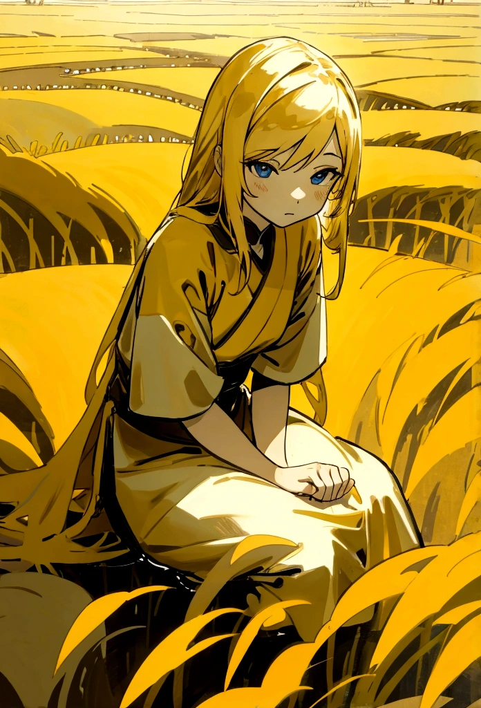 A woman sits with a straight face. Behind is a rice field. The color tone is bright gold.