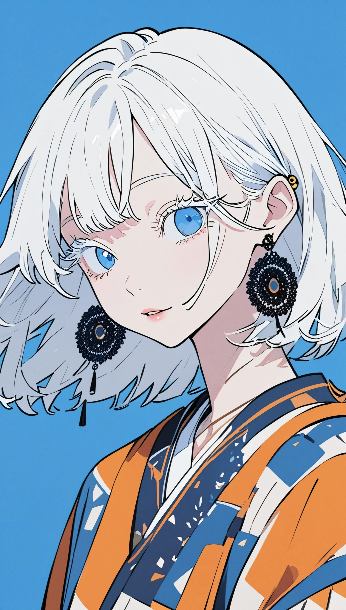 The Minimalists，Fashion Girl，White hair，Blue Background，Wearing special earrings，Bohemian style，Clear eyelashes，Bright blue eyes，Clean通透的眼珠，closure，Smiley face flat illustration，geometry，Clean，Japanese Manga