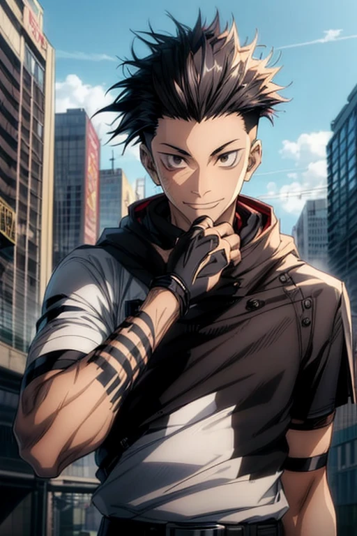 1boy, tall, Korean, (pure black hair, short hair, spiky hair, undercut, brown eyes), city, ((short sleeve black jacket, white shirt, black belt, black fingerless gloves)), smiling, happy, highly detailed, 8k, masterpiece, concept art