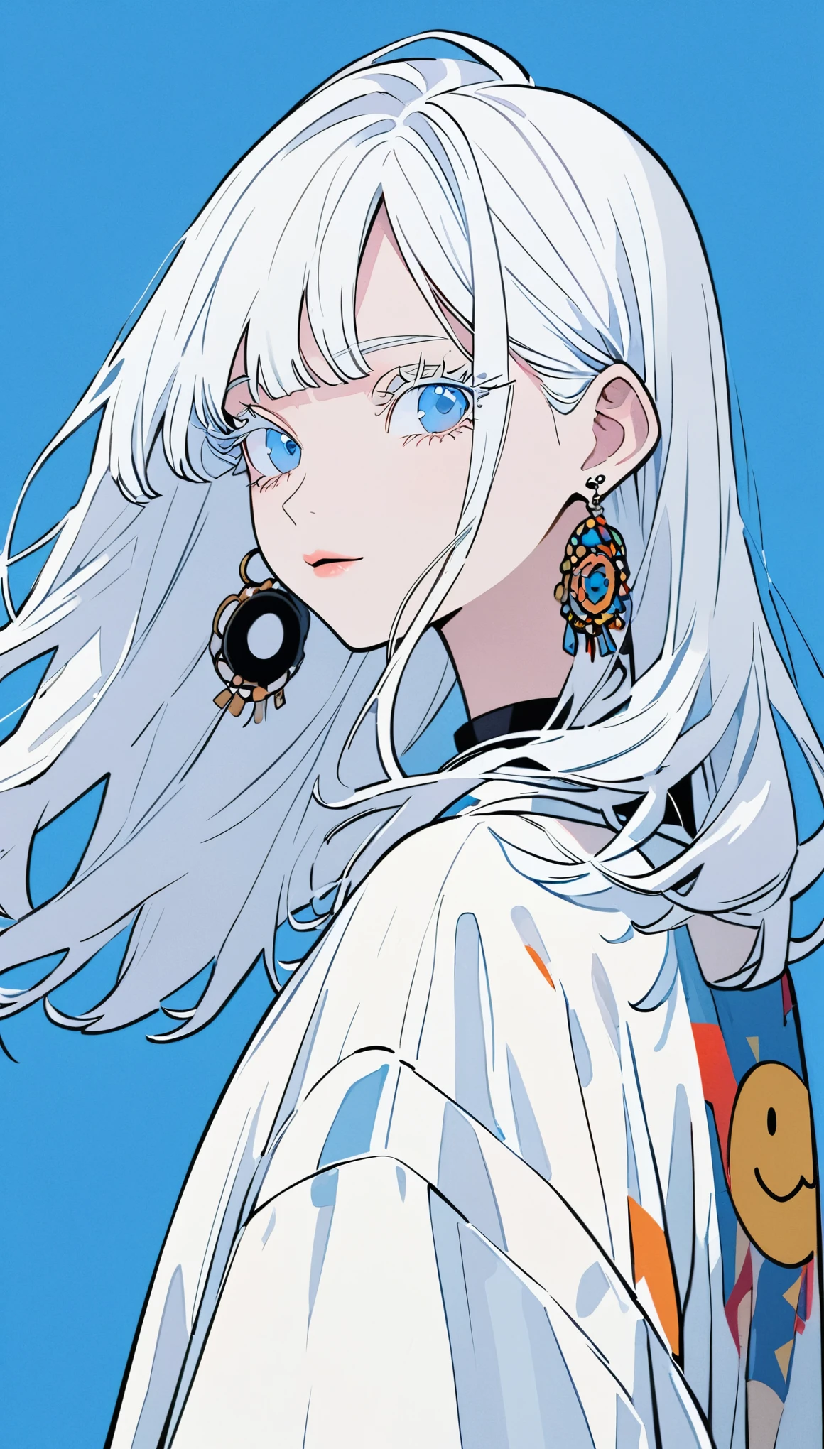 The Minimalists，Fashion Girl，White hair，Blue Background，Wearing special earrings，Bohemian style，Clear eyelashes，Bright blue eyes，Clean通透的眼珠，closure，Smiley face flat illustration，geometry，Clean，Japanese Manga
