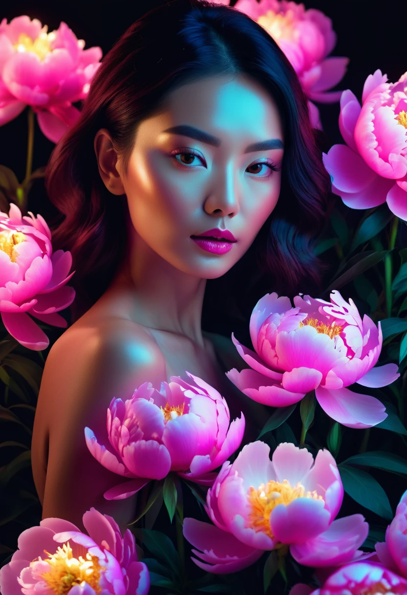 a woman with glowing neon peonies ultra detail, perfect symmetry, 4k flawless skin, photo captured by an Arriflex 35BL camera using Canon K25 prime lenses, cinematic, dramatic lighting, ultra clear, breathtaking surreal masterpiece. sensual pose