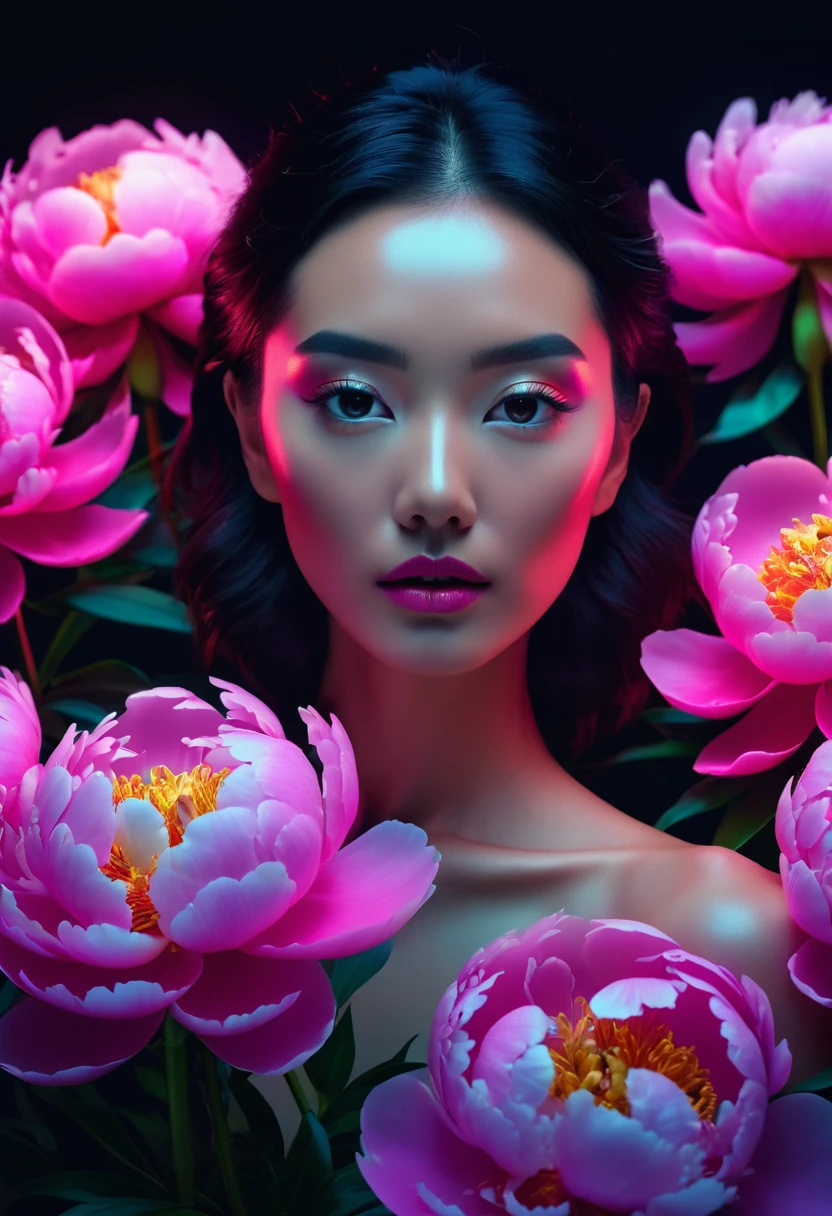 a woman with glowing neon peonies ultra detail, perfect symmetry, 4k flawless skin, photo captured by an Arriflex 35BL camera using Canon K25 prime lenses, cinematic, dramatic lighting, ultra clear, breathtaking surreal masterpiece. sensual pose
