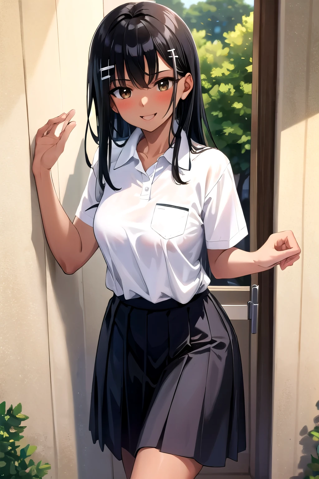 ((best quality)), ((masterpiece)), (details), one girl, sexy ((best quality)), ((masterpiece)), (details), one girl, sexy ((best quality)), ((masterpiece)), (details), one girl, full body,it's_nagatoro_main, Nagatoro Hayase, one girl, blushing, one person, uniform white polo shirt, black hair, brown eyes, hair accessory, looking at viewer, hair clip, smiling, long hair, dark skinned woman, dark skin, , bangs, daytime, skirt, collared shirt, collarbone, ear clip, mouth closed, tree, asymmetrical bangs, upper body