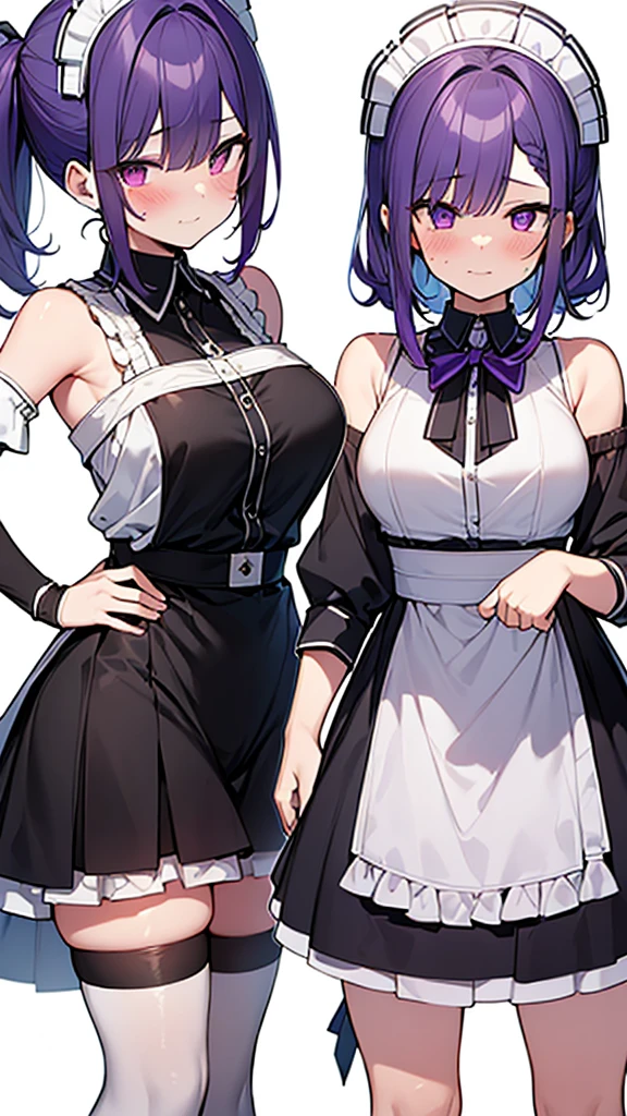 最high quality, high quality, Super detailed, 32k, Ultra-detailed details, 2 girls, With maid(only, The cute face of my little sister that I stole from her, beautiful purple hair, Beautiful purple eyes, Big Breasts, A light smile, Red eyes, Off-the-shoulder sleeveless Summer clothes, Summer casual maid clothes, Short skirt, Blue and white color striped underwear, Black knee socks, My crotch is wet with love juice, 18-year-old,cute), Sister with her face peeled off(only, 13 years old, A grotesque face with the skin peeled off, Facial muscles are fully exposed, Chest is medium, , Lady), {{The maid had a terrible burn on her face and was lamenting it when her master's sister used her power to rip the face off and stick it onto the maid's face, taking on the sister's face.、The maid is happy and the sister is dead}}, The maid is a mature cute face and the sister has no face. The maid is standing., My sister sits in a chair, NSFW