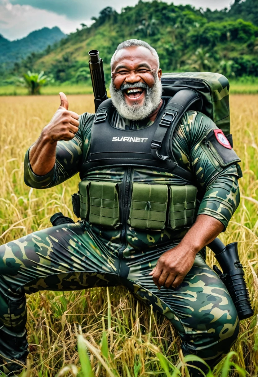 (a dark-skinned fat muscular bearded old man in a bulky camouflage zipper diver suit), thumbs up, laying down in a field holding a gun, muscular, toned muscles, Basuki Abdullah, sumatraism, action, a character portrait, heroic, , laughing