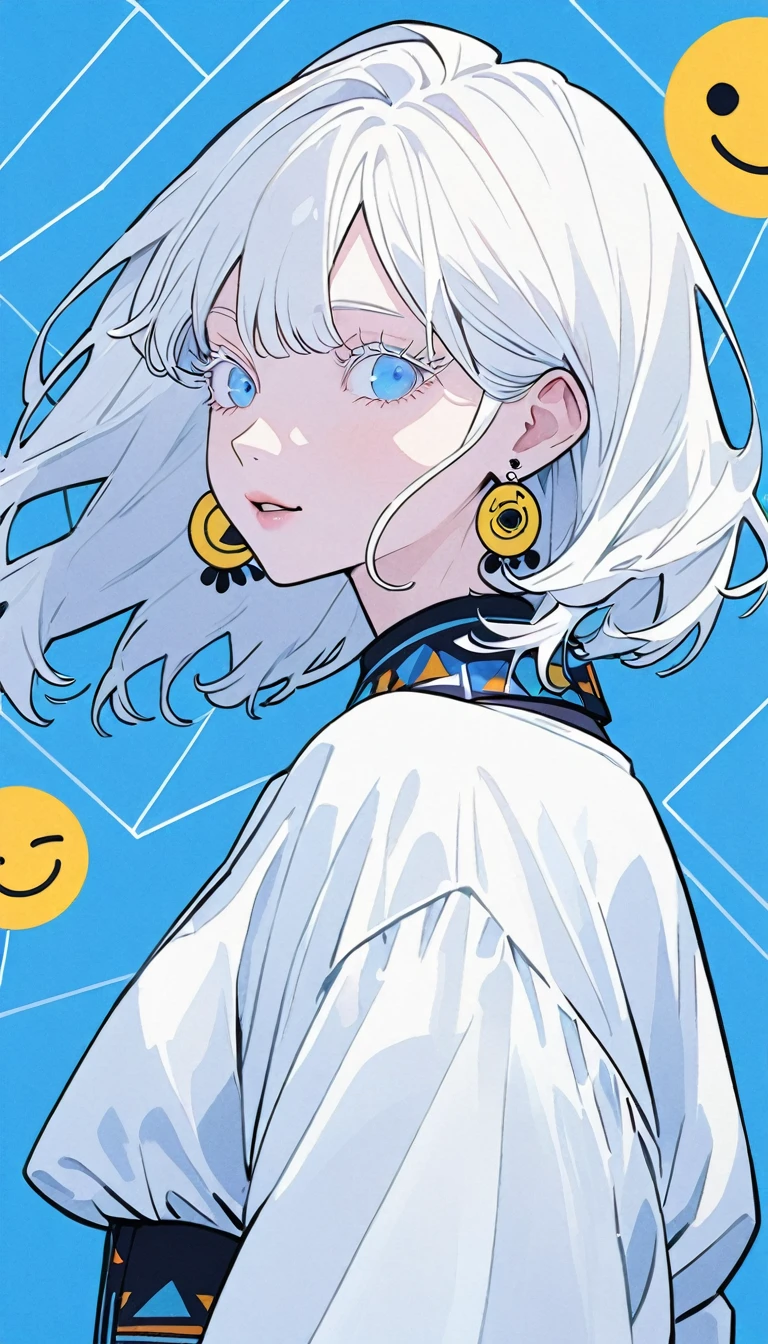 The Minimalists,Fashion Girl,White hair,Blue Background,Wearing special earrings,Bohemian style,Clear eyelashes,Bright blue eyes,Clean通透的眼珠,closure,Smiley face flat illustration,geometry,Clean,Japanese Manga