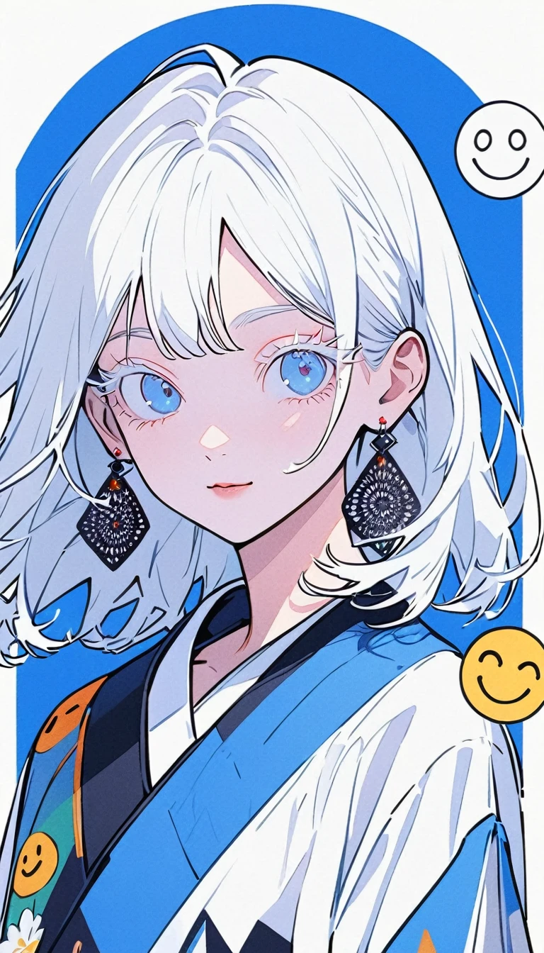 The Minimalists，Fashion Girl，White hair，Blue Background，Wearing special earrings，Bohemian style，Clear eyelashes，Bright blue eyes，Clean通透的眼珠，closure，Smiley face flat illustration，geometry，Clean，Japanese Manga