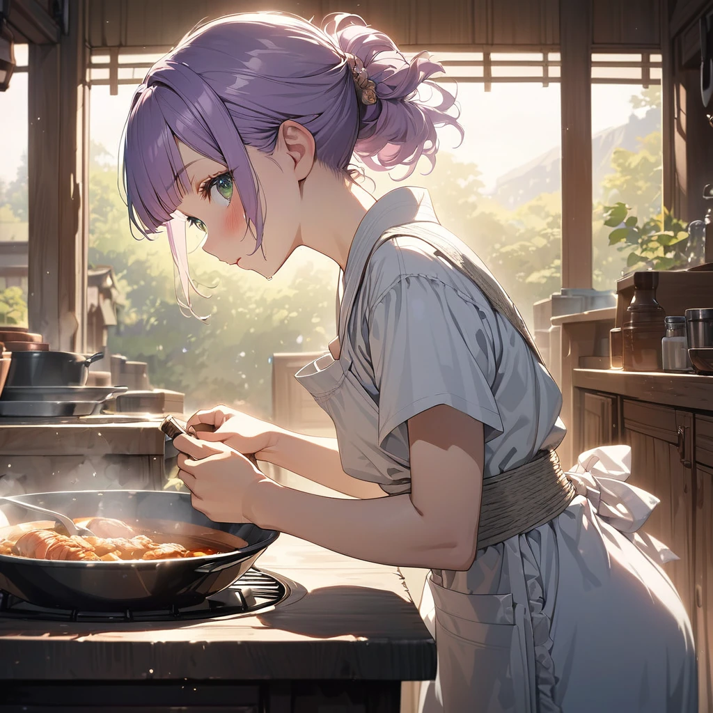 masterpiece, ultra detailed, 8K, a girl, kawaii, light atmosphere, (Cute a tsundere girl:1.5), anime visual, (tilt head:1.3), extremely delicate face, realistic lighting and shading, (an extremely delicate and beautiful art:1.3), a girl,blush,
from side, cowboy shot, pale purple hair, blunt bangs hair, green eyes, In the kitchen of a Taisho-style Western-style house, a woman is wearing a navy blue japanese kimono, a cooking apron, her hair tied back, look at viewer, a girl is making beef stew in a big pot.