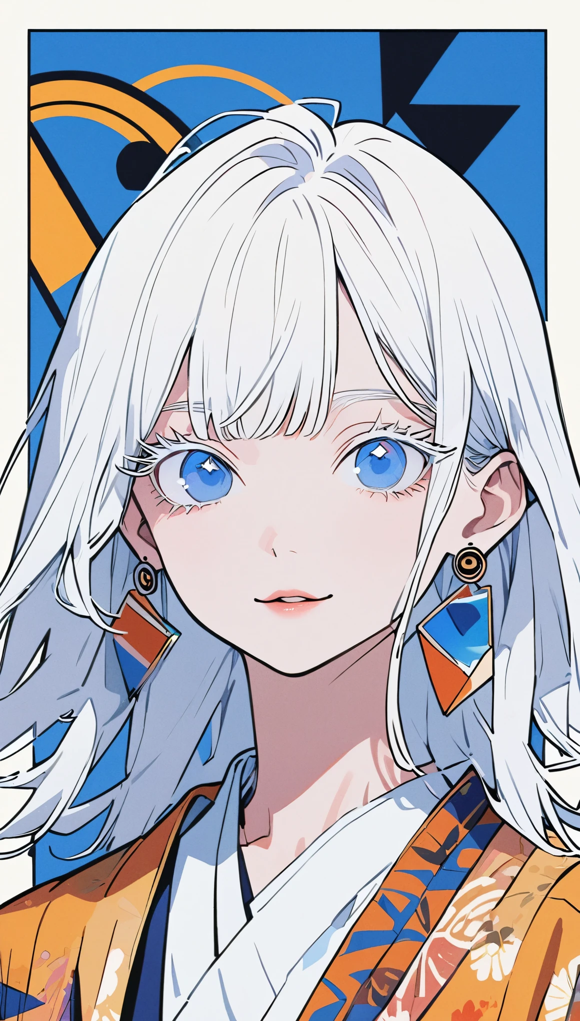 The Minimalists,Fashion Girl,White hair,Blue Background,Wearing special earrings,Bohemian style,Clear eyelashes,Bright blue eyes,Clean通透的眼珠,closure,Smiley face flat illustration,geometry,Clean,Japanese Manga