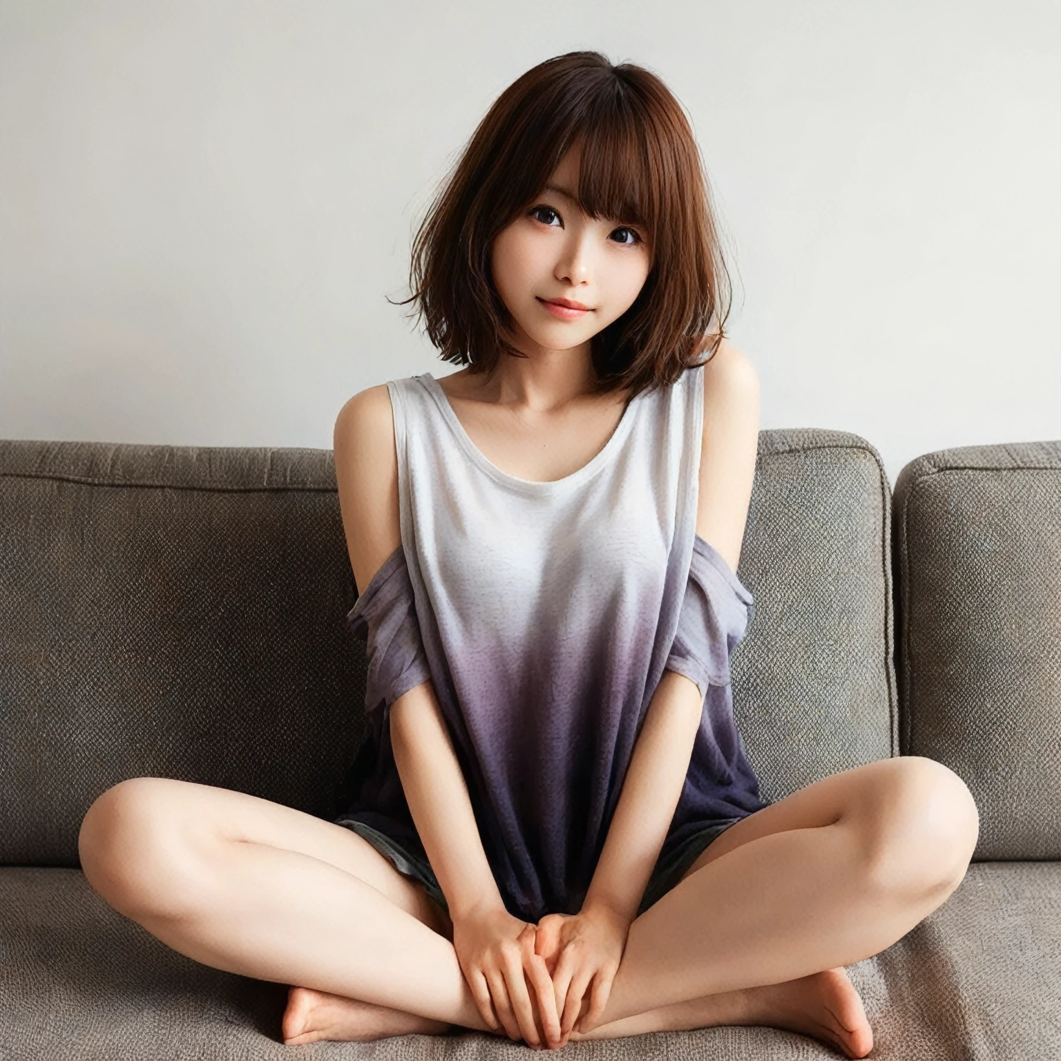 japanese 2girl, lying on the bed, (wearing a white tank-top and simple cotton shorts:2),(photoshoot style, shooting from front, upper knee statue, body facing forward), 26 years old, (toned body type:1.2, tall height 5.35 feet), (small breast :1.2, hemispherical udder silhouette:1.2), little smiling, perorbital swelling, brown fluffy and wavy short-cut hair, natural bangs, detailed brown eyes, detailed finger, suppin, no make, (photorealsitic:1.4), (high-resolution details of human skin texture:1.2, rough skin:1.2, Uneven skin tone:1.6, skin texture must be natural:1.1), top-quality, ​masterpiece, high resolution, raw photo, natural soft light, professional lighting