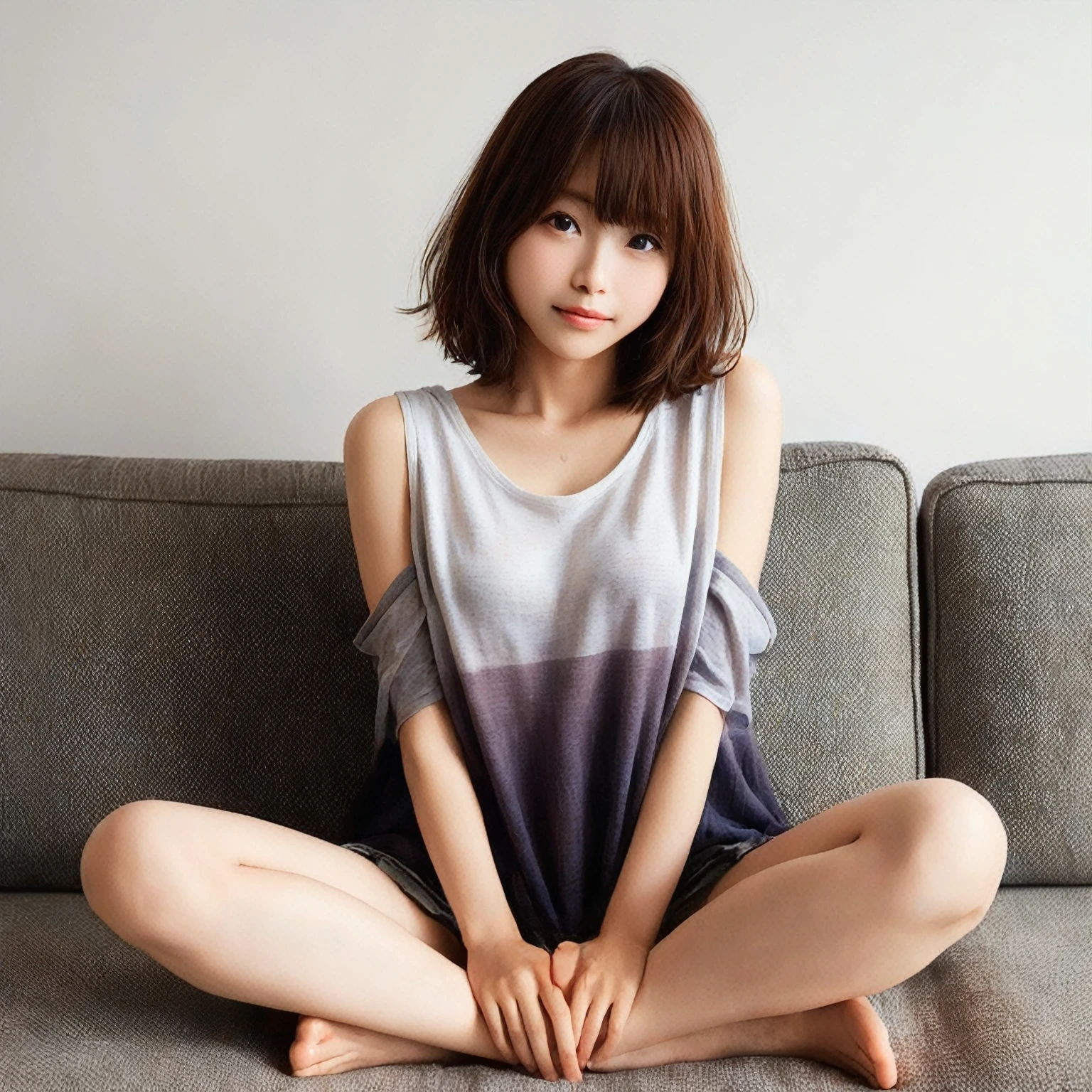 japanese 2girl, lying on the bed, (wearing a white tank-top and simple cotton shorts:2),(photoshoot style, shooting from front, upper knee statue, body facing forward), 26 years old, (toned body type:1.2, tall height 5.35 feet), (small breast :1.2, hemispherical udder silhouette:1.2), little smiling, perorbital swelling, brown fluffy and wavy short-cut hair, natural bangs, detailed brown eyes, detailed finger, suppin, no make, (photorealsitic:1.4), (high-resolution details of human skin texture:1.2, rough skin:1.2, Uneven skin tone:1.6, skin texture must be natural:1.1), top-quality, ​masterpiece, high resolution, raw photo, natural soft light, professional lighting