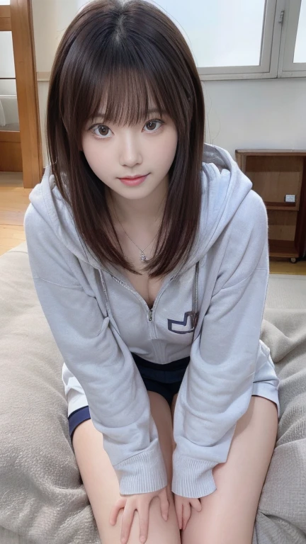 (masterpiece:1.3), (8K, Photorealistic, RAW Photos, Best image quality: 1.4),20 year old cute Japan woman、(Long Hair)、Super detailed face、double eyelid、Sharp focus:1.2、Beautiful woman:1.4、Jet Black Hair、Straight Hair､Highest quality、masterpiece、Ultra-high resolution、(Photorealistic:1.4)、Purple hoodie、Flared mini skirt、whole body, Long legs、Highly detailed face, Beautiful Eyes, double eyelid､Are standing､sunny、Peeking into this、Tokyo