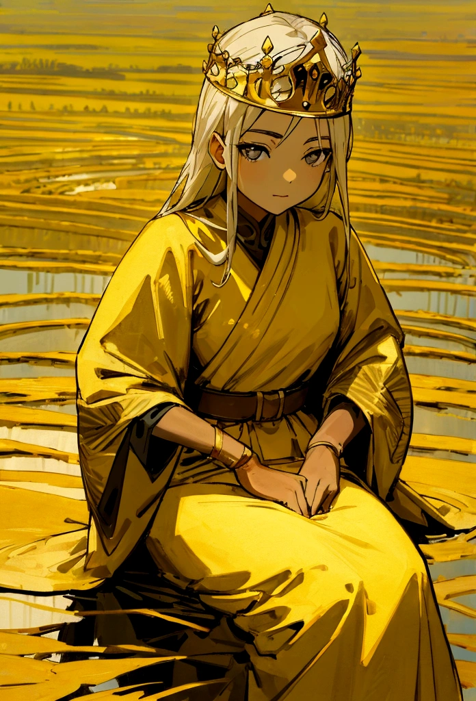 The queen woman sits with a straight face. Behind is a rice field. The color tone of the picture is bright gold.