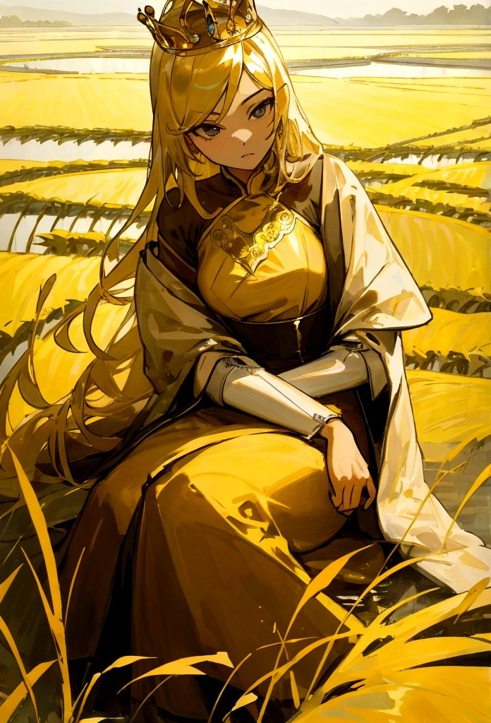 The queen woman sits with a straight face. Behind is a rice field. The color tone of the picture is bright gold.