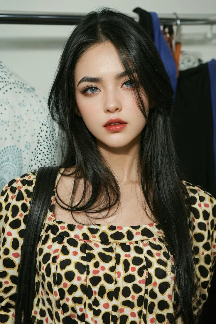 Make a girl black hair , with eyes blue like the sky ,marked jaw ,thin red lips ,intimidating eyebrows .