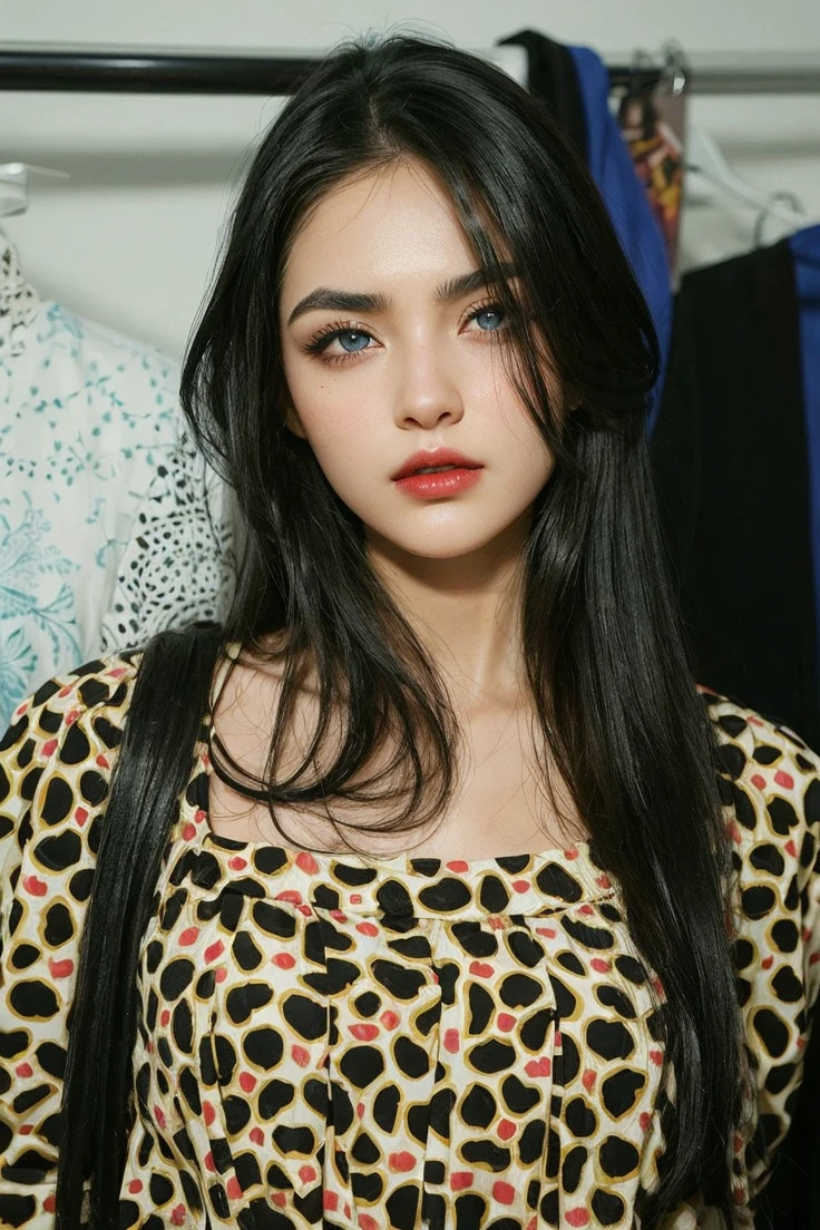 Make a girl black hair , with eyes blue like the sky ,marked jaw ,thin red lips ,intimidating eyebrows .