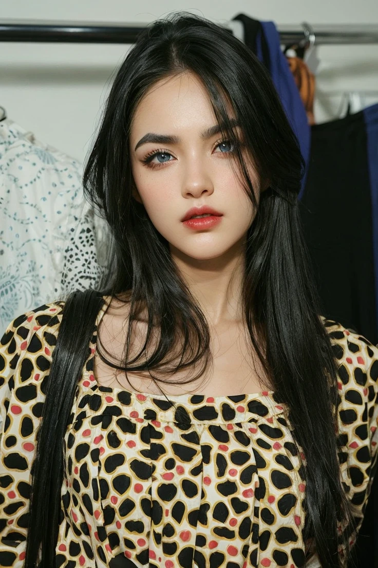 Make a girl black hair , with eyes blue like the sky ,marked jaw ,thin red lips ,intimidating eyebrows .