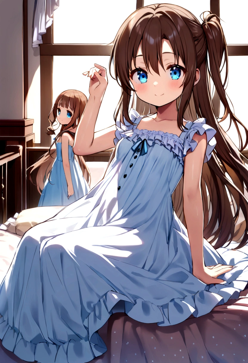 brightexpression、photorealistic stick:1.32、highest quality、超A high resolution、Photos of the most beautiful Japan girls、cute and beautiful face details、small face、(Face the children_v1:0.008)、Beautiful bangs、、Brilliant white skin、hair gets tangled in face、Bangs that reach down to the face、bangs、hair between eyes、super long hair、charming brown silky hair、bright、Clear light blue eyes shine charmingly、ample breasts、Dynamic poses highest quality、disorganized、((the cutest girl in the world))、Japanese、14 years old on the sofa bed、((dress with frills:1.3))、(half up hair:1.3)、(tie with a thin ribbon)、nice and cute、innocent smile、nice smile、Bumpy chest、(small breasts:1.3)、slouch、ponytail、brown hair、thin waist、detailed beautiful eyes、face forward、Upper body、close up of face、Front view、