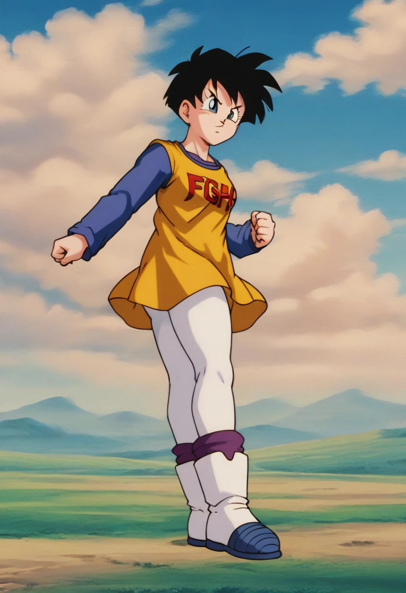 source_anime, score_9, score_8_up, score_7_up, anime screencap,8k, absurd res,
videl, 1girl, solo, looking at viewer, short hair, blue eyes, shirt, black hair, long sleeves, boots, outdoors, sky, day, cloud, blue sky, clothes writing, yellow dress, white footwear, text print, spiked hair, v-shaped eyebrows, from below, dress over shirt, clenched hands, blue shirt, white tights, print dress, midair, floating, From the back showing the ass