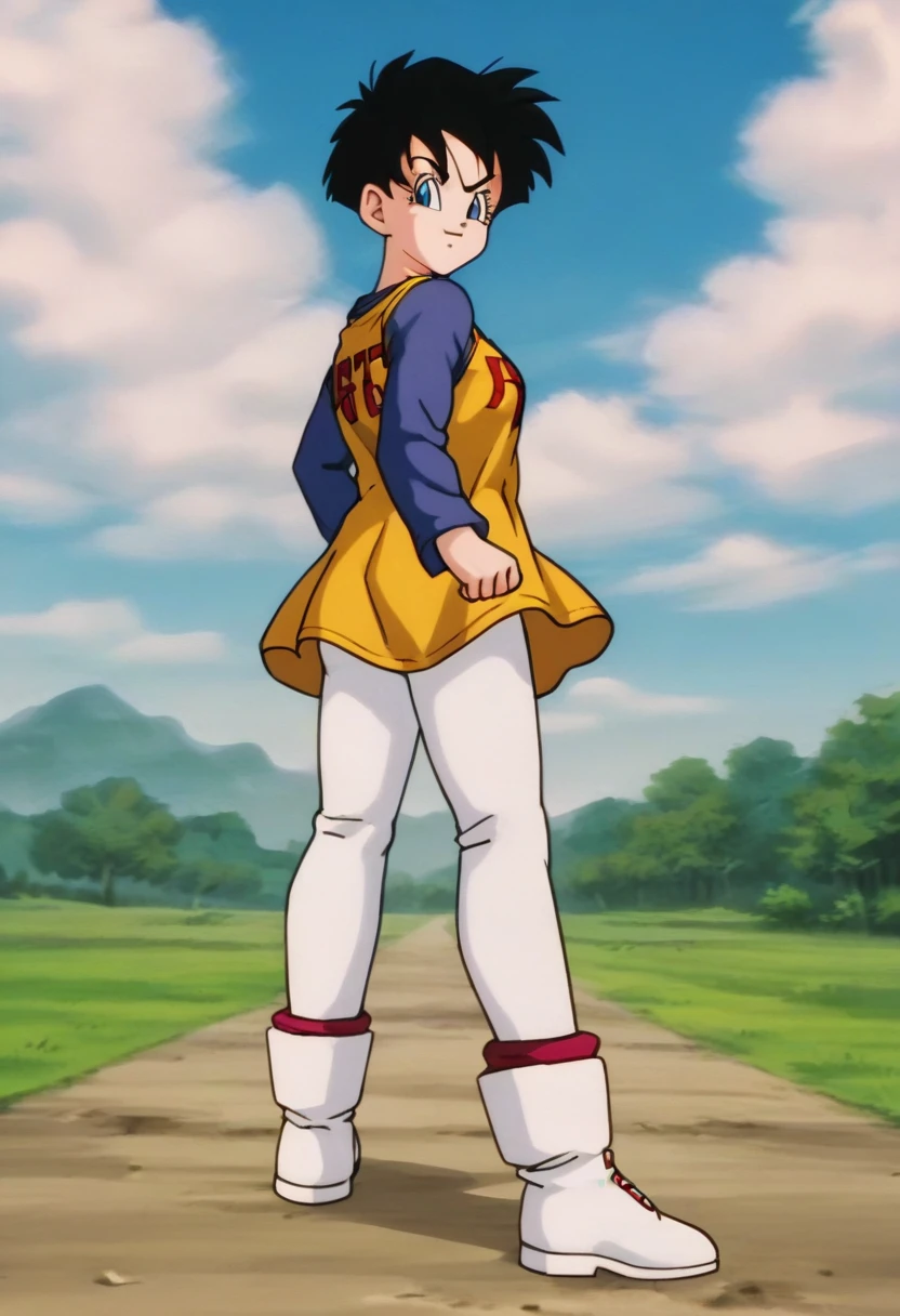 source_anime, score_9, score_8_up, score_7_up, anime screencap,8k, absurd res,
videl, 1girl, solo, looking at viewer, short hair, blue eyes, shirt, black hair, long sleeves, boots, outdoors, sky, day, cloud, blue sky, clothes writing, yellow dress, white footwear, text print, spiked hair, v-shaped eyebrows, from below, dress over shirt, clenched hands, blue shirt, white tights, print dress, midair, floating, From the back showing the ass
