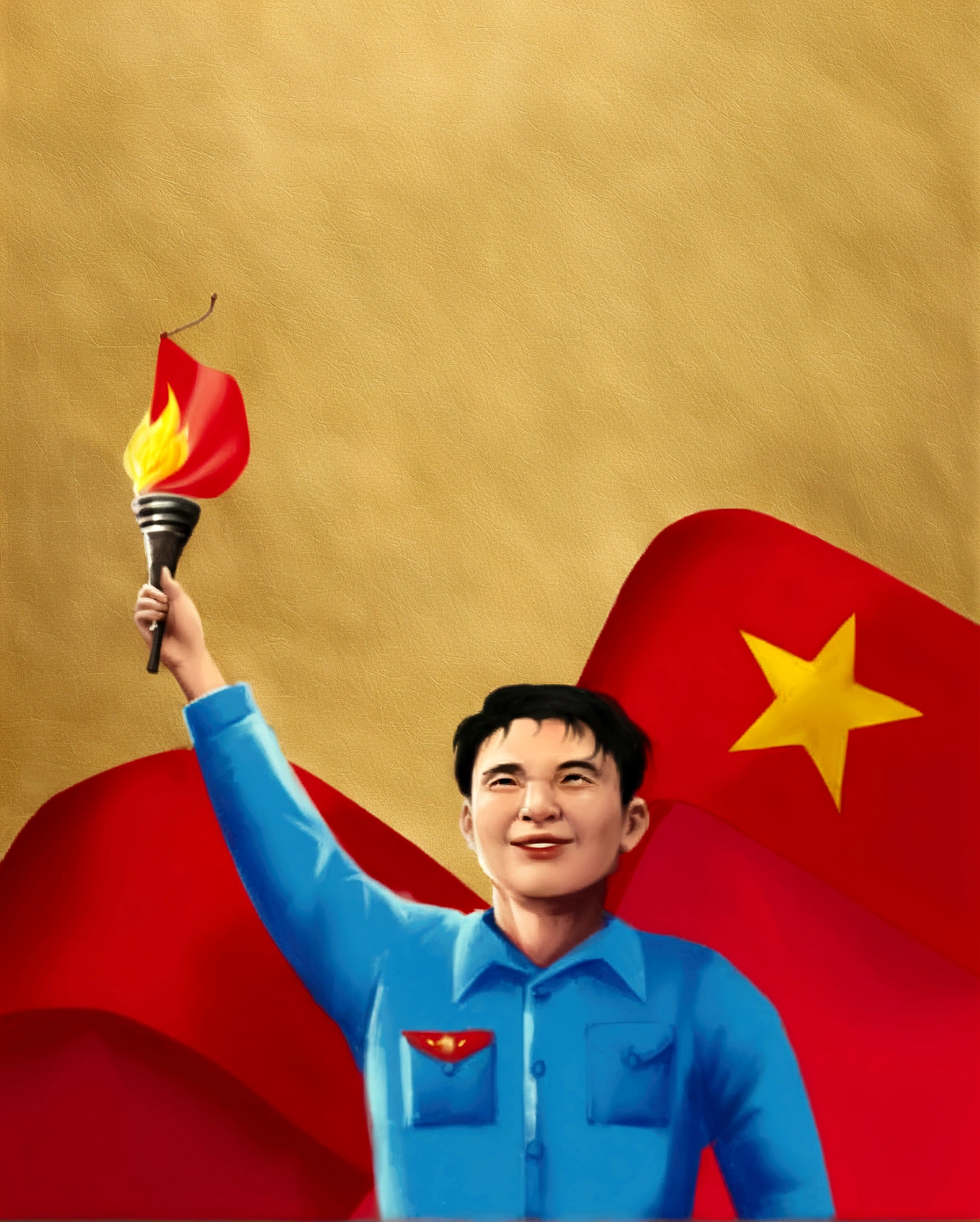 arafed image of a smiley and happy man holding a torch in front of a flag, chairman mao, inspired by Sheng Mao, do hoang tuong artwork, vietnam, inspired by Ding Yunpeng, mao zedong, fanart, mao, inspired by Huang Guangjian, inspired by Pan Tianshou, inspired by Yang Buzhi, inspired by Dong Yuan