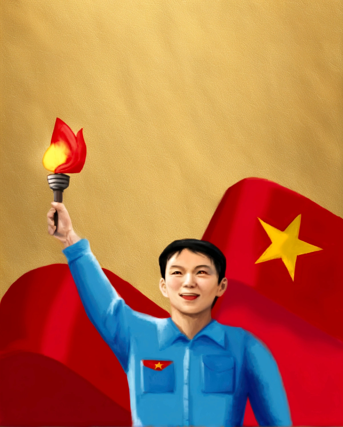 arafed image of a smiley and happy man holding a torch in front of a flag, chairman mao, inspired by Sheng Mao, do hoang tuong artwork, vietnam, inspired by Ding Yunpeng, mao zedong, fanart, mao, inspired by Huang Guangjian, inspired by Pan Tianshou, inspired by Yang Buzhi, inspired by Dong Yuan